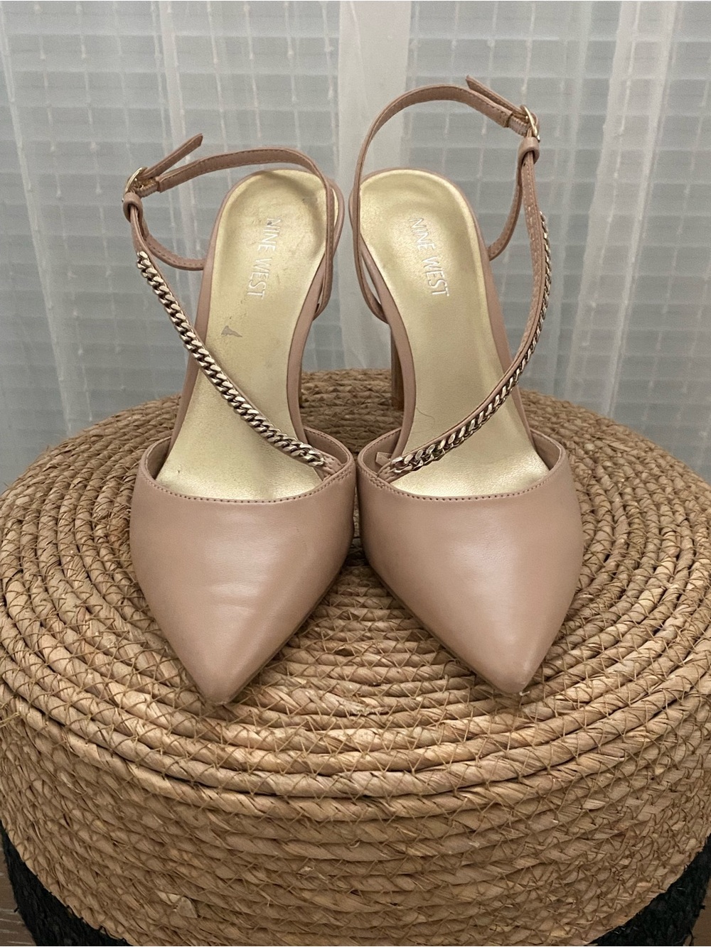 Nine West Blush Nude Pointed-Toe Slingback Heels with Chain Accent